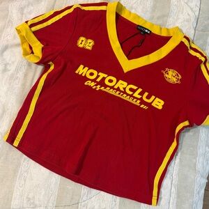 Fashion Nova Red Tee with Yellow Motorclub Graphic